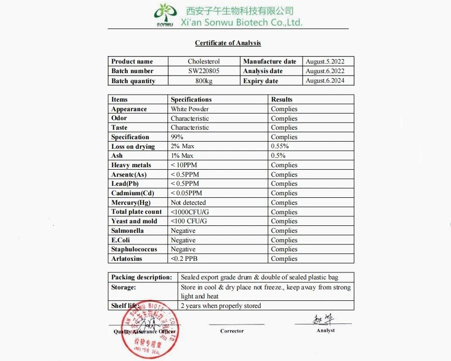 COA Of Cholesterol Powder